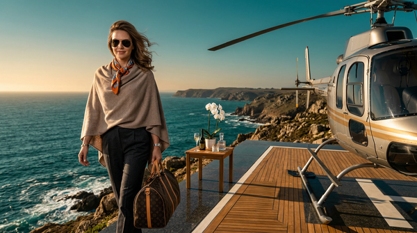 Wealthy woman on cliff by private helicopter at golden hour