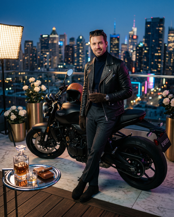 Man on rooftop with luxury motorcycle and city skyline at night
