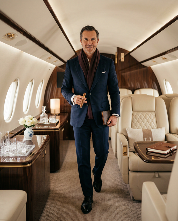 Man walking down private jet aisle in Tom Ford suit and Patek