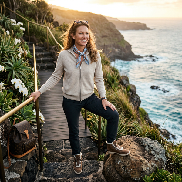 Woman hiking cliff trail in luxury gear at golden hour
