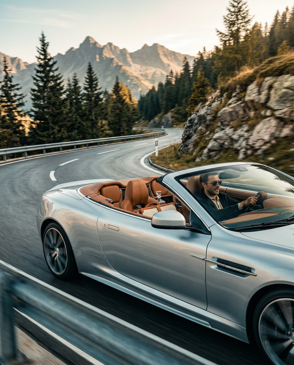Man driving Aston Martin on mountain pass, luxury driving portrait