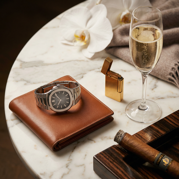 Patek watch and Dom Pérignon on Calacatta marble luxury detail