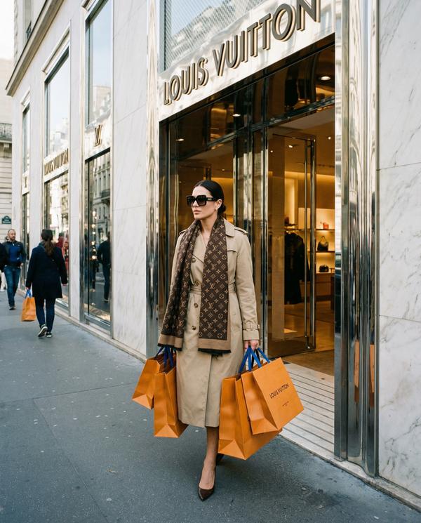 Luxury shopping spree featuring designer bags and chic outfits.