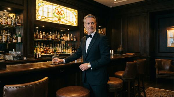 Stylish man in a members-only lounge exuding sophistication and elegance.