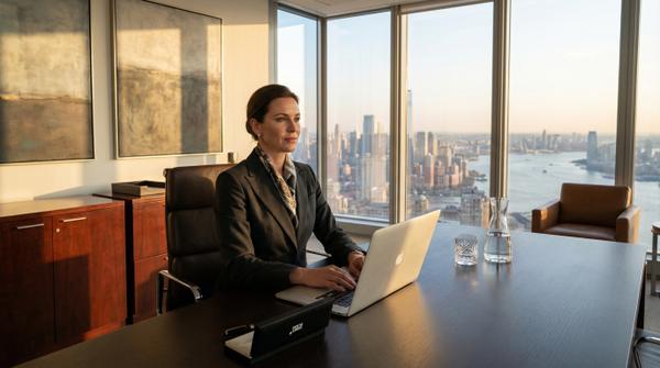 Modern luxury office space with sleek furniture and high-end technology.