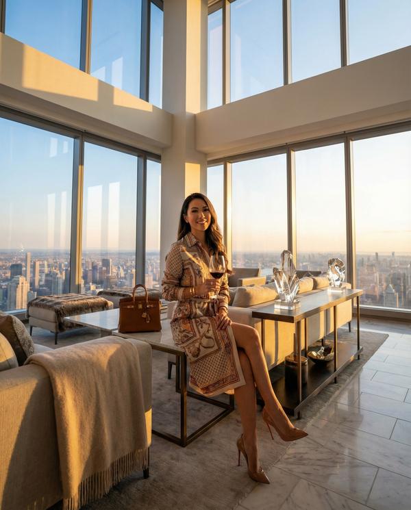 Chic woman in a penthouse setting, embodying luxury and style.