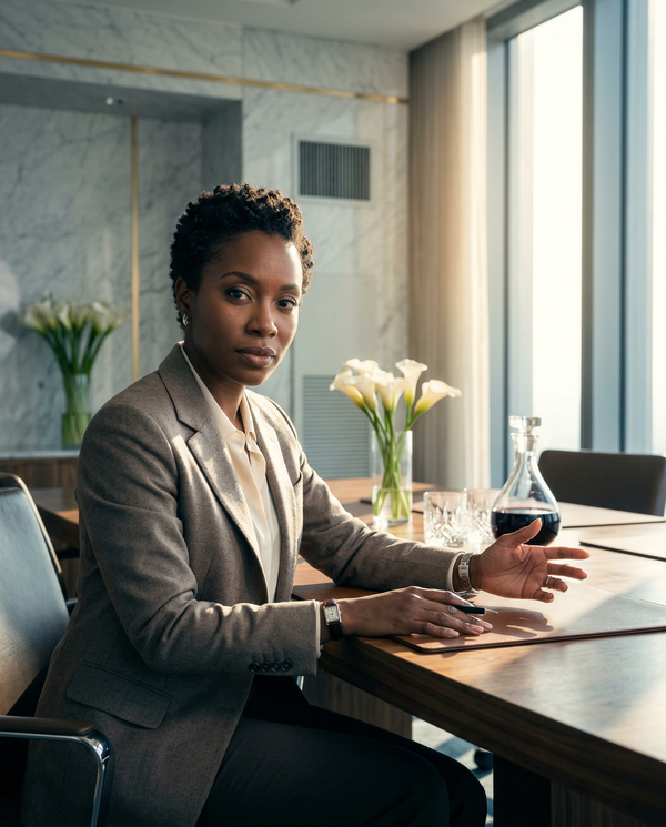 Boardroom backlit portrait of confident Black chairperson