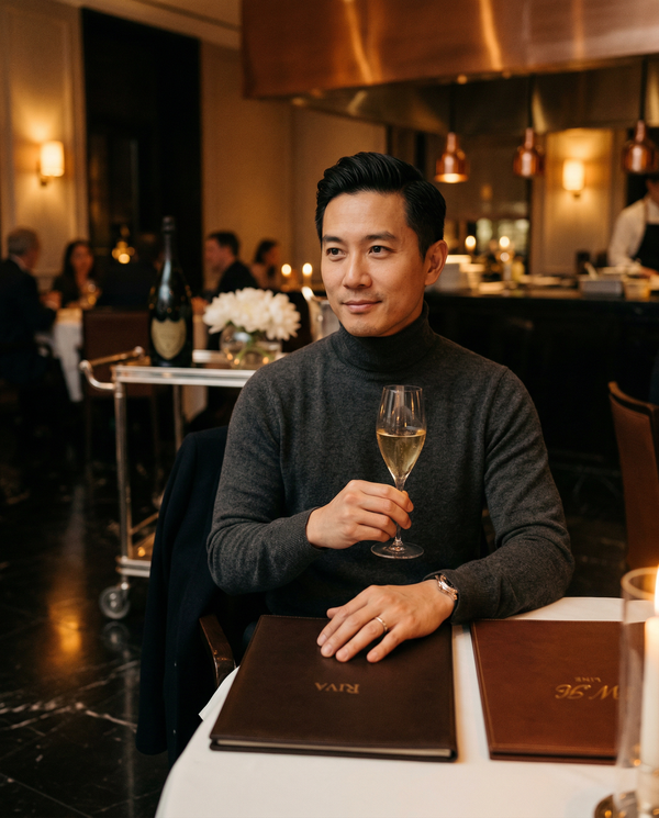 Michelin restaurant portrait of affluent man with Cristal