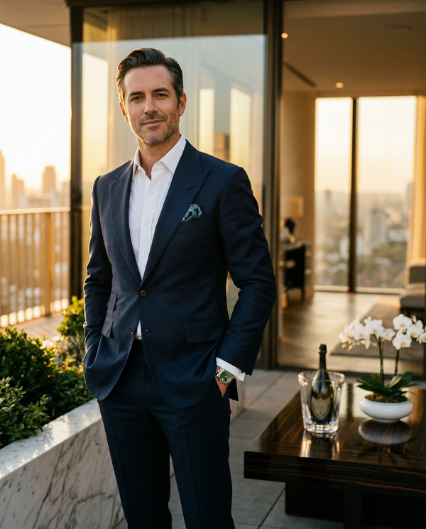 Penthouse golden hour headshot of wealthy CEO in Tom Ford suit