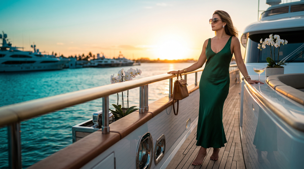 Yacht sunset portrait of wealthy woman in Gucci dress