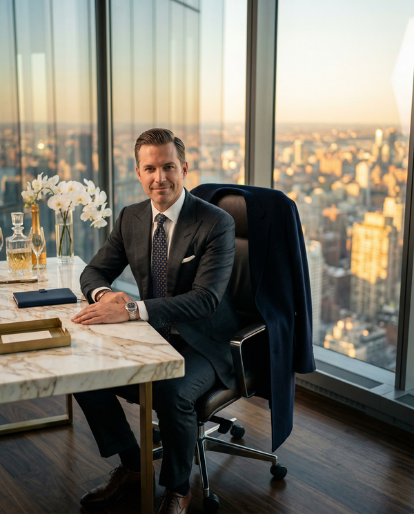 Golden-hour penthouse CEO portrait in Tom Ford suit