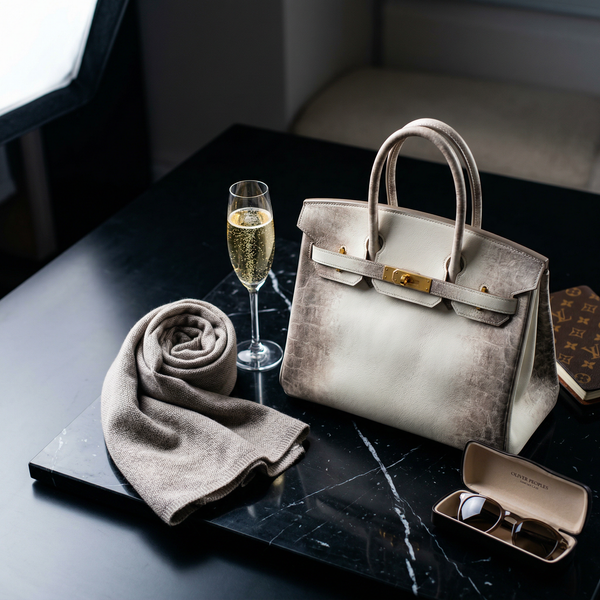 Hermès Birkin with Cristal on Nero Marquina marble luxury still life