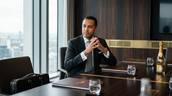 Overhead boardroom CEO portrait in Tom Ford at mahogany table