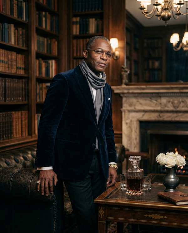 Low-angle members club CEO portrait in velvet Tom Ford jacket