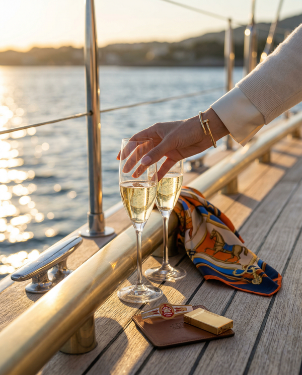 Dom Pérignon flutes on yacht rail with Hermès scarf detail