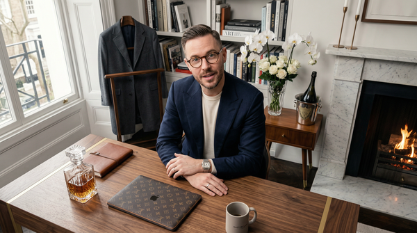 Luxury home office overhead of content creator at walnut desk