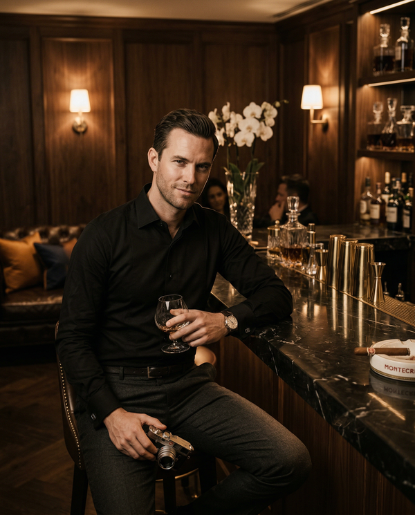 Members lounge portrait with tuxedo, Patek and crystal bar
