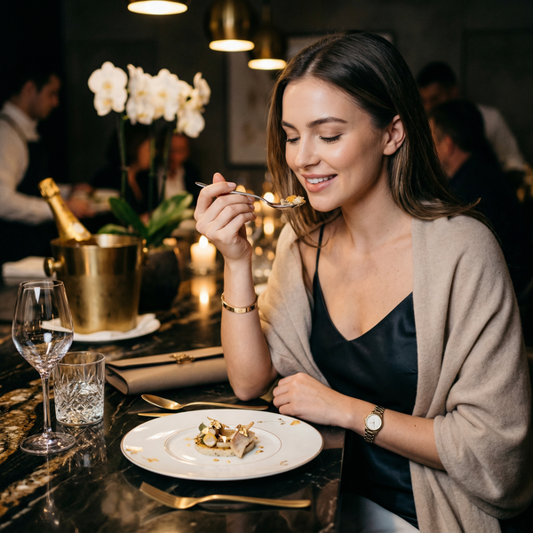 Michelin chef table close-up of creator with Cristal and gold cutlery