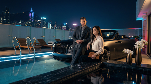 Rooftop pool night cinematic AI creators by Rolls-Royce with Cristal and orchids