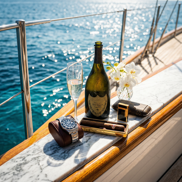 Yacht detail: Dom Pérignon, Rolex, cigar on teak and marble