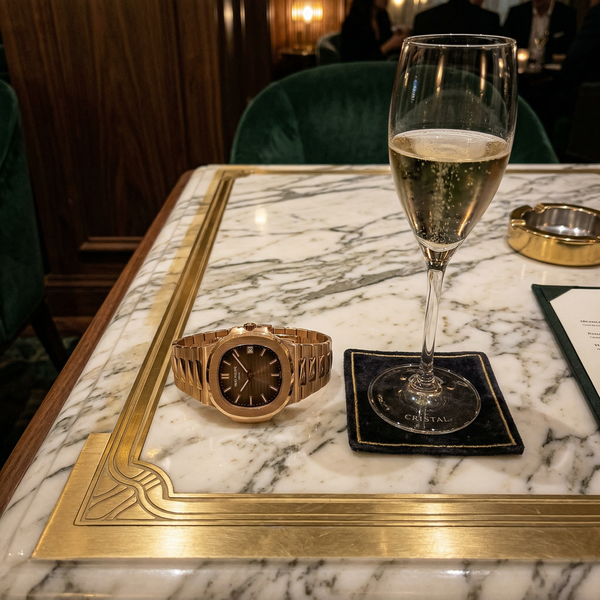 Patek Philippe watch and Cristal in a luxury lounge