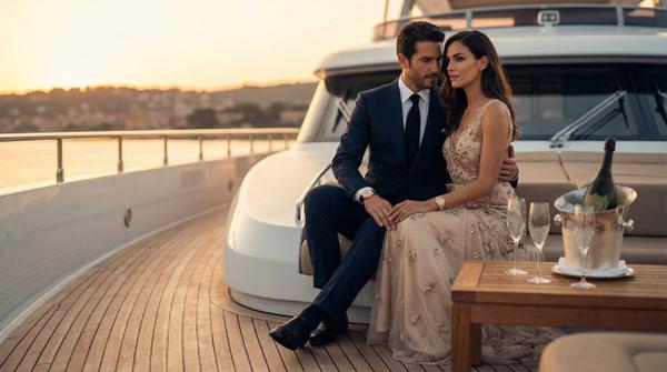 Romantic couple on a luxury yacht at sunset, enjoying the serene view