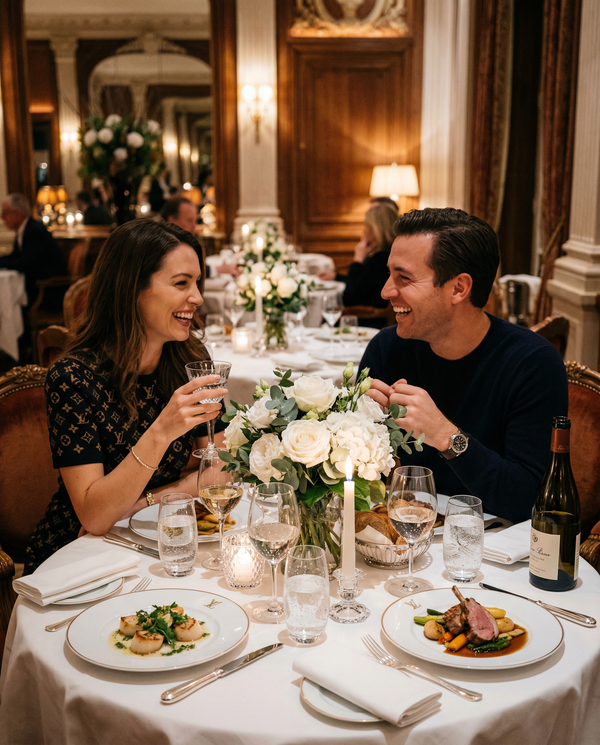 Couple dining at a Michelin-star restaurant, epitome of luxury