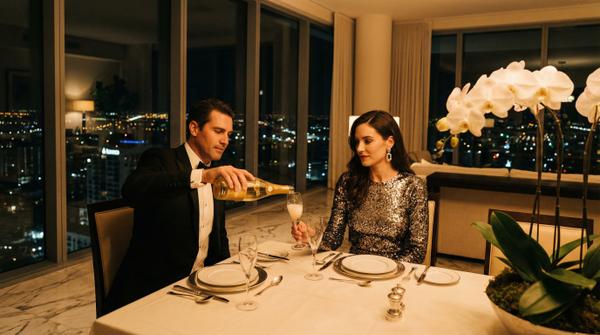 Chic couples dinner in a penthouse setting, exuding luxury and intimacy