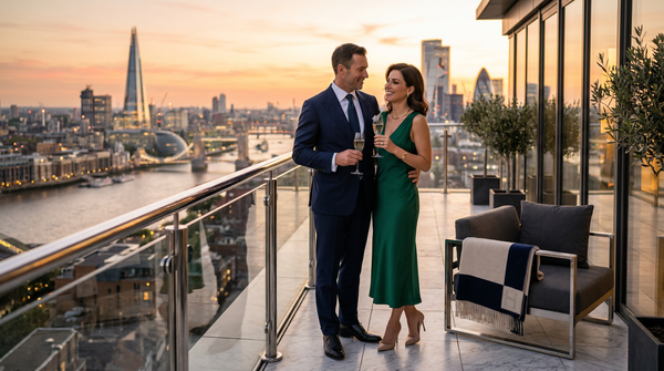 Wealthy couple enjoying champagne on a penthouse terrace