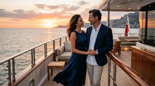 Couple enjoying a romantic sunset on a luxury yacht