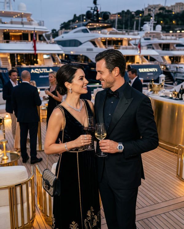 Elegantly dressed couple at an exclusive yacht club soirée