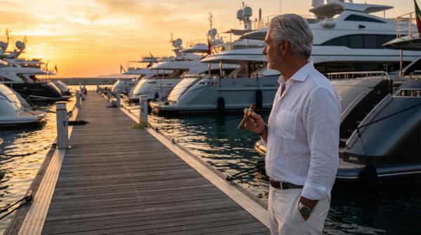 Yacht club sunset scene with a gentleman enjoying the tranquil view