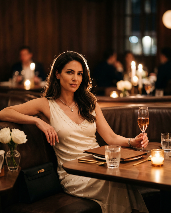 Female AI co-founder portrait in members-only lounge with Cristal