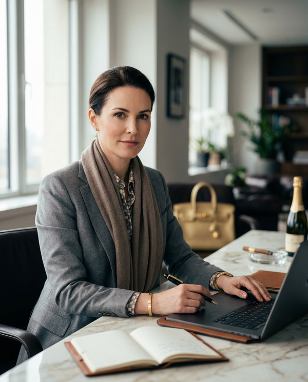 Female AI founder portrait in penthouse office with marble desk