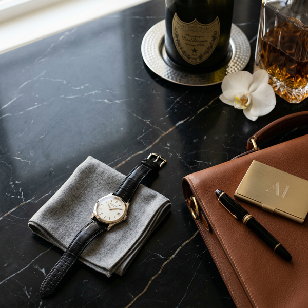 Patek watch and Hermès briefcase on Nero Marquina marble