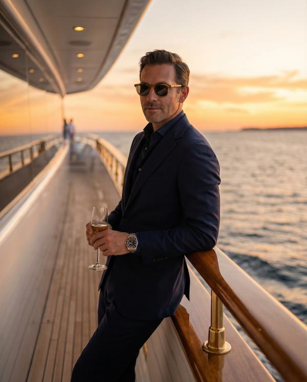 Sophisticated evening yacht deck portrait showcasing opulence and sunset hues