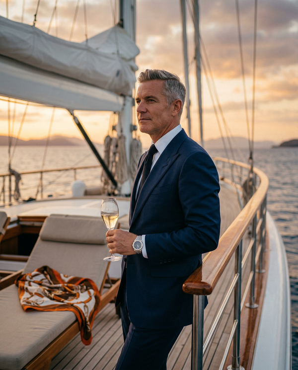 Wealthy man in Tom Ford on yacht during golden hour