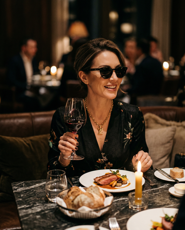 Elegant woman in Gucci at a Michelin-star restaurant