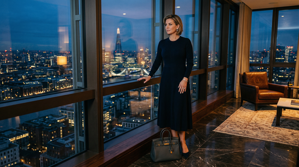 Elegant woman in Loro Piana in a penthouse with city skyline