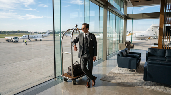 Well-dressed man at a private jet terminal