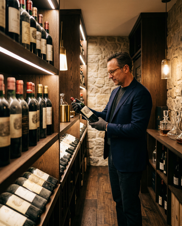 Wine connoisseur in Zegna jacket examining vintage bottle