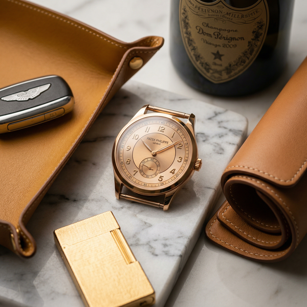 Patek Philippe on Carrara marble with Hermès and Dom Pérignon