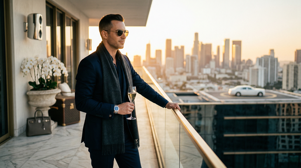 Penthouse golden hour influencer in Tom Ford suit