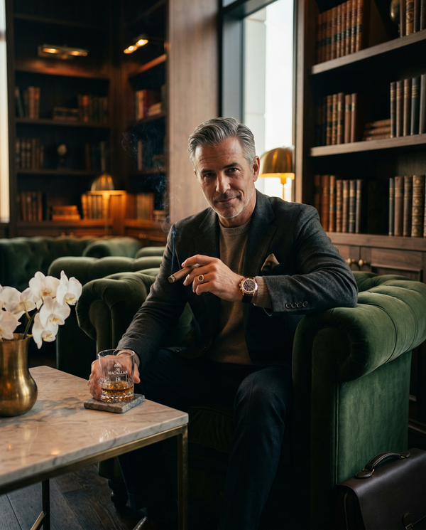Private club portrait in velvet lounge with Macallan and Patek