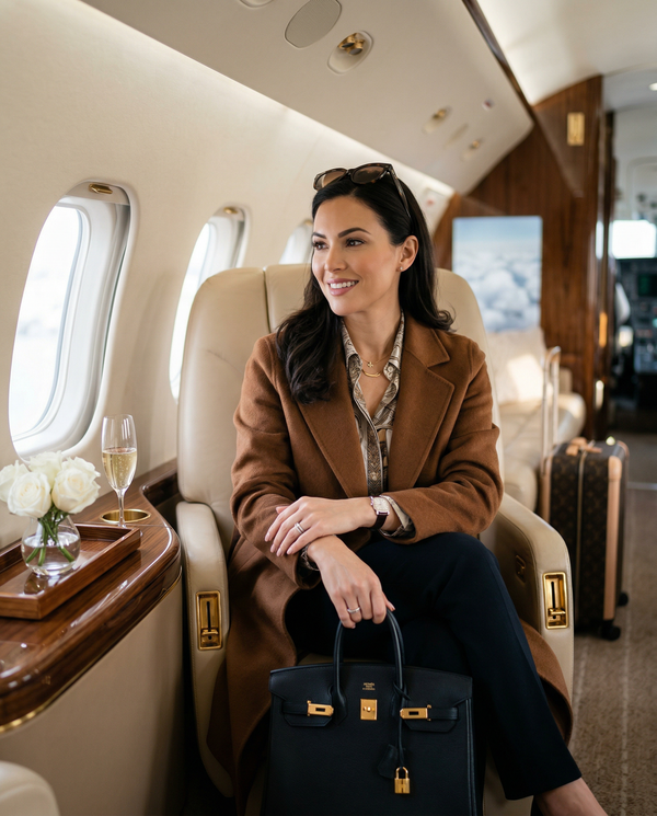 Private jet influencer portrait in cashmere and Birkin