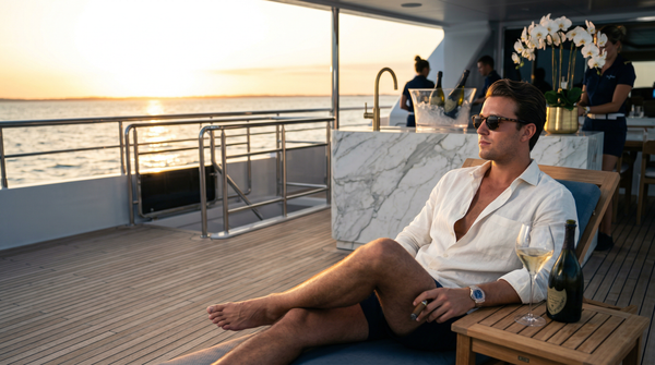 Superyacht sunset influencer lounging with Cristal