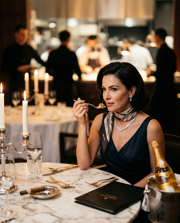 Intimate Michelin-star dinner portrait with Cartier jewelry