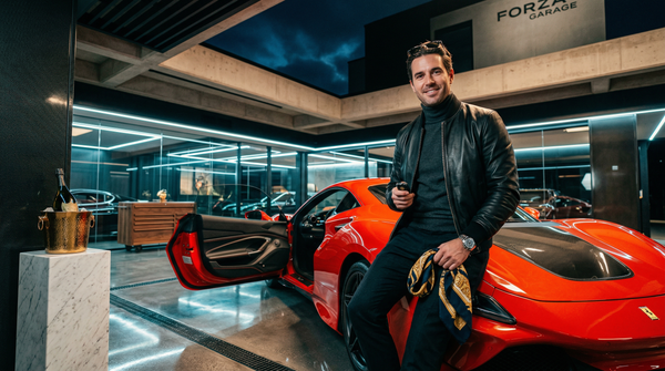 Low-angle supercar garage portrait with Ferrari and Tom Ford