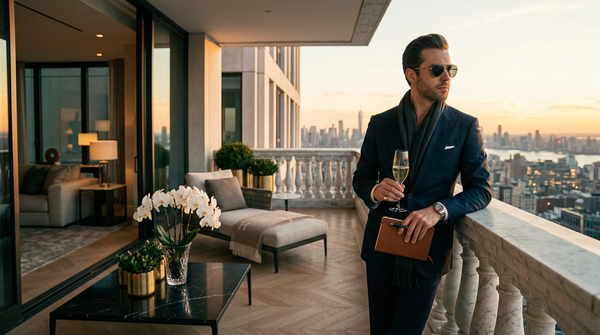 Golden-hour penthouse skyline portrait with champagne