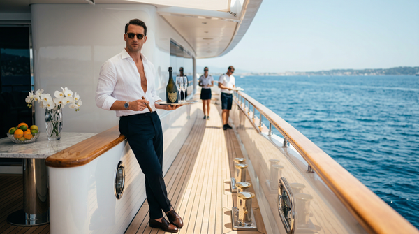 Low-angle superyacht deck portrait with champagne and cigar